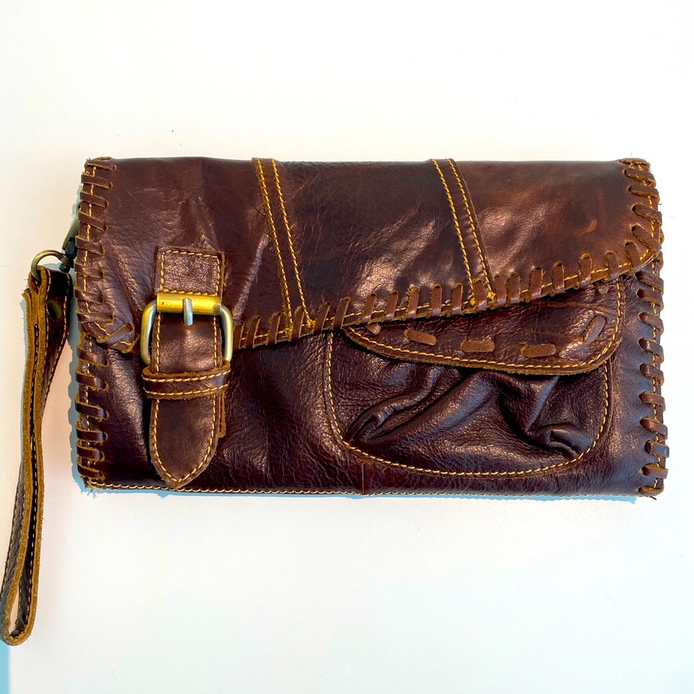 Brown real leather clutch